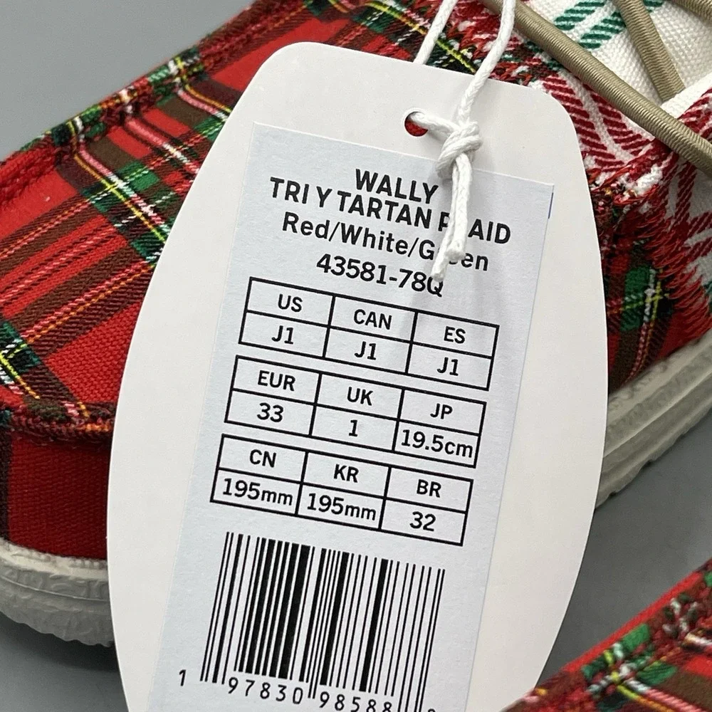 Hey Dude Wally Youth Shoes US J1 Plaid Tartan Red White Green Slip-On Festive